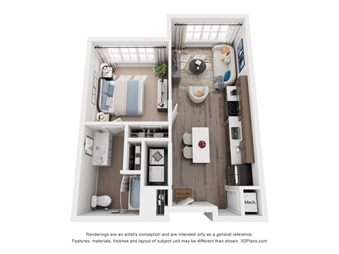 Floor plan for 1 bed, 1 bath, 658 sqft